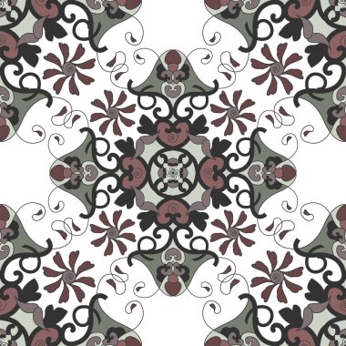 Kalpli, birbirine karışmış spiralli ve kuşlu kusursuz desen. Beyaz, yeşil, koyu kırmızı ve koyu gri renkler. Vektör.