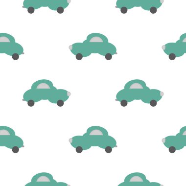 Bulut şeklinde komik yeşil bir araba. Beyaz arka plan. Çocuklar için kusursuz bir model. Vektör illüstrasyonu.