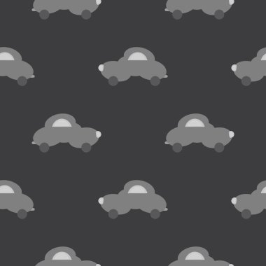 Bulut şeklinde komik gri bir araba. Koyu gri arka plan. Çocuklar için kusursuz bir model. Vektör illüstrasyonu.