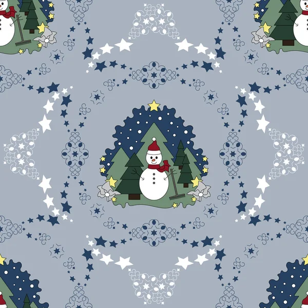 Nahtlose Muster Weihnachtsthema Schneemann Tannenwald Fallender Schnee Und Sterne Vektorillustration — Stockvektor