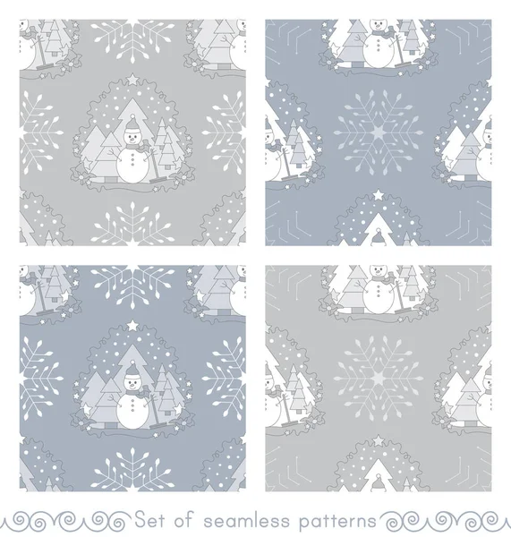 Conjunto Patrones Sin Costura Tema Navidad Muñeco Nieve Bosque Abeto — Vector de stock