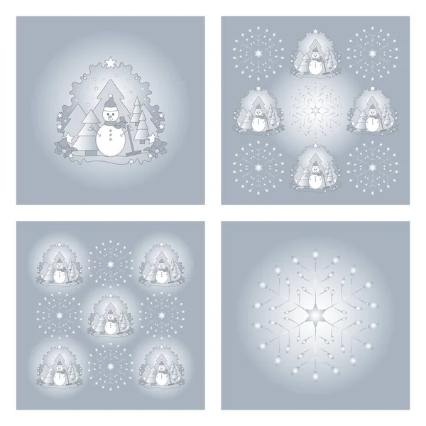Набор Шаблонов Рождественской Тематики Снеговик Еловый Лес Падающий Снег Звезда — стоковый вектор