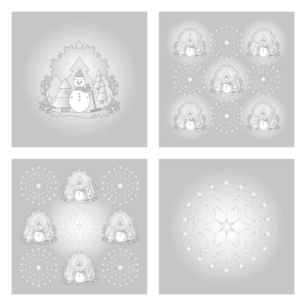 Ensemble Motifs Thème Noël Bonhomme Neige Forêt Sapins Neige Tombante — Image vectorielle