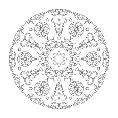 Noel mandala 'sı. Boyama sayfası. Noel balosu ve köknar ağacı. Siyah ve beyaz. Vektör illüstrasyonu.