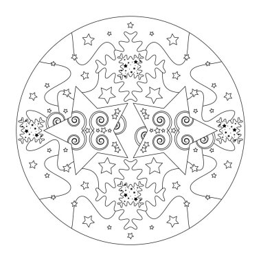 Noel mandala 'sı. Noel boyama sayfası. Yıldızların mandala 'sı ve yapboz parçaları stili. Siyah ve beyaz. Vektör illüstrasyonu.