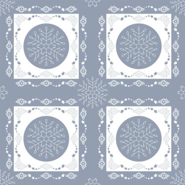 Kusursuz Noel teması. Kar taneleri ve yıldızlı frizler. Güzel renkler buz mavisi ve beyaz. Vektör illüstrasyonu.