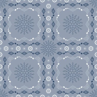 Kusursuz Noel teması. Kar taneleri ve yıldızlı frizler. Güzel renkler buz mavisi, mavi ve beyaz. Vektör illüstrasyonu.