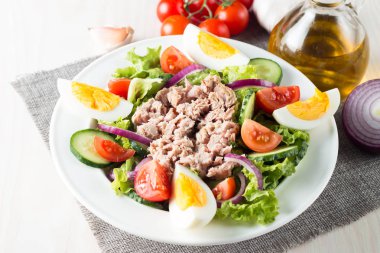 Domates, roka, ton balığı, yumurta, roka, kraker ve baharattan yapılmış taze balık salatası. Tahta arka planda beyaz bir kasede Sezar salatası.