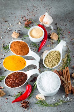 Tahta kaşık içinde baharatlar. Otlar. Köri, safran, zerdeçal, biberiye, tarçın, sarımsak, biber, anason ahşap rustik arka plan üzerinde. Baharatlar ve otlar topluluğu. Tuz, kırmızı biber. Uzay kopyalayın. Üstten görünüm. Afiş. Düz yatıyordu.