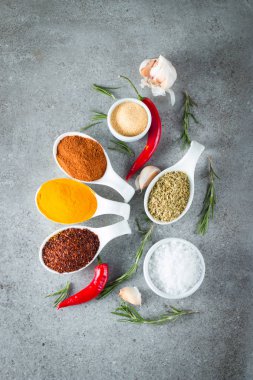 Tahta kaşık içinde baharatlar. Otlar. Köri, safran, zerdeçal, biberiye, tarçın, sarımsak, biber, anason ahşap rustik arka plan üzerinde. Baharatlar ve otlar topluluğu. Tuz, kırmızı biber. Uzay kopyalayın. Üstten görünüm. Afiş. Düz yatıyordu.