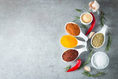 Tahta kaşık içinde baharatlar. Otlar. Köri, safran, zerdeçal, biberiye, tarçın, sarımsak, biber, anason ahşap rustik arka plan üzerinde. Baharatlar ve otlar topluluğu. Tuz, kırmızı biber. Uzay kopyalayın. Üstten görünüm. Afiş. Düz yatıyordu.