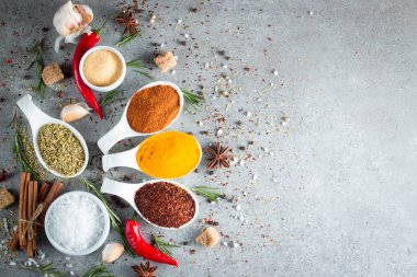 Tahta kaşık içinde baharatlar. Otlar. Köri, safran, zerdeçal, biberiye, tarçın, sarımsak, biber, anason ahşap rustik arka plan üzerinde. Baharatlar ve otlar topluluğu. Tuz, kırmızı biber. Uzay kopyalayın. Üstten görünüm. Afiş. Düz yatıyordu.