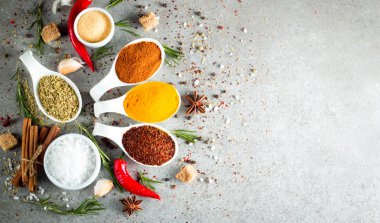 Tahta kaşık içinde baharatlar. Otlar. Köri, safran, zerdeçal, biberiye, tarçın, sarımsak, biber, anason ahşap rustik arka plan üzerinde. Baharatlar ve otlar topluluğu. Tuz, kırmızı biber. Uzay kopyalayın. Üstten görünüm. Afiş. Düz yatıyordu.