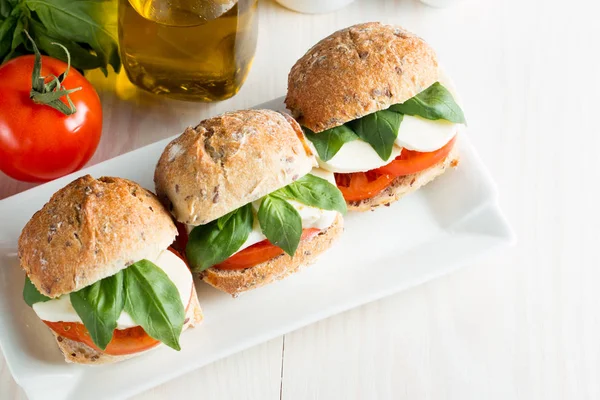 Close Photo Sandwich Burger Caprese Salad Ripe Tomatoes Basil Buffalo — Stock Photo, Image