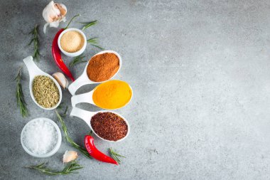 Tahta kaşık içinde baharatlar. Otlar. Köri, safran, zerdeçal, biberiye, tarçın, sarımsak, biber, anason ahşap rustik arka plan üzerinde. Baharatlar ve otlar topluluğu. Tuz, kırmızı biber. Uzay kopyalayın. Üstten görünüm. Afiş. Düz yatıyordu.