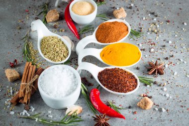 Tahta kaşık içinde baharatlar. Otlar. Köri, safran, zerdeçal, biberiye, tarçın, sarımsak, biber, anason ahşap rustik arka plan üzerinde. Baharatlar ve otlar topluluğu. Tuz, kırmızı biber. Uzay kopyalayın. Üstten görünüm. Afiş. Düz yatıyordu.