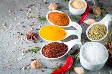 Tahta kaşık içinde baharatlar. Otlar. Köri, safran, zerdeçal, biberiye, tarçın, sarımsak, biber, anason ahşap rustik arka plan üzerinde. Baharatlar ve otlar topluluğu. Tuz, kırmızı biber. Uzay kopyalayın. Üstten görünüm. Afiş. Düz yatıyordu.