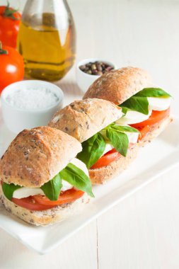 Yakın çekim fotoğraf sandviç, hamburger caprese salatası olgun domates, fesleğen, buffalo mozzarella peyniri ile. İtalyan ve Akdeniz gıda kavramı. Taze ve sağlıklı organik yemek. Starter ve antipasti. 