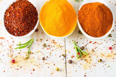 Tahta kaşık içinde baharatlar. Otlar. Köri, safran, zerdeçal, biberiye, tarçın, sarımsak, biber, anason ahşap rustik arka plan üzerinde. Baharatlar ve otlar topluluğu. Tuz, kırmızı biber. Uzay kopyalayın. Üstten görünüm. Afiş. Düz yatıyordu.