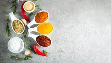 Tahta kaşık içinde baharatlar. Otlar. Köri, safran, zerdeçal, biberiye, tarçın, sarımsak, biber, anason ahşap rustik arka plan üzerinde. Baharatlar ve otlar topluluğu. Tuz, kırmızı biber. Uzay kopyalayın. Üstten görünüm. Afiş. Düz yatıyordu.