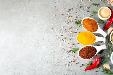 Tahta kaşık içinde baharatlar. Otlar. Köri, safran, zerdeçal, biberiye, tarçın, sarımsak, biber, anason ahşap rustik arka plan üzerinde. Baharatlar ve otlar topluluğu. Tuz, kırmızı biber. Uzay kopyalayın. Üstten görünüm. Afiş. Düz yatıyordu.