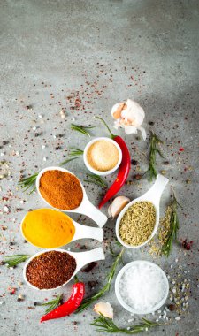 Tahta kaşık içinde baharatlar. Otlar. Köri, safran, zerdeçal, biberiye, tarçın, sarımsak, biber, anason ahşap rustik arka plan üzerinde. Baharatlar ve otlar topluluğu. Tuz, kırmızı biber. Uzay kopyalayın. Üstten görünüm. Afiş. Düz yatıyordu.