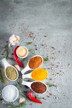 Tahta kaşık içinde baharatlar. Otlar. Köri, safran, zerdeçal, biberiye, tarçın, sarımsak, biber, anason ahşap rustik arka plan üzerinde. Baharatlar ve otlar topluluğu. Tuz, kırmızı biber. Uzay kopyalayın. Üstten görünüm. Afiş. Düz yatıyordu.