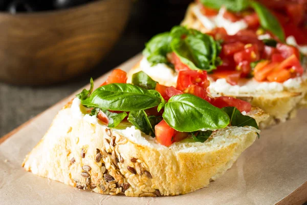 Tomato Cheese Fresh Made Bruschetta Italian Tapas Antipasti Vegetables Herbs — Stock Photo, Image