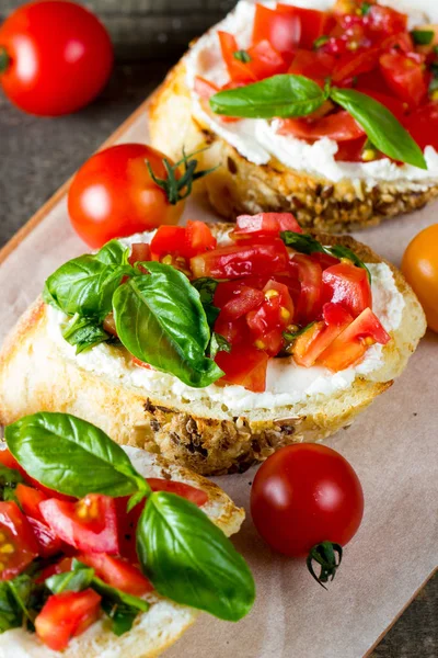 Tomato Cheese Fresh Made Bruschetta Italian Tapas Antipasti Vegetables Herbs — Stock Photo, Image