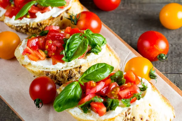 Tomato Cheese Fresh Made Bruschetta Italian Tapas Antipasti Vegetables Herbs — Stock Photo, Image