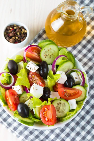 Salade Grecque Fraîche Base Tomates Cerises Ruccola Roquette Feta Olives — Photo