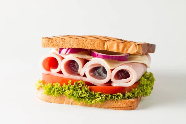 Close Photo Club Sandwich Sandwich Meat Prosciutto Salami Salad Vegetables — Stock Photo, Image