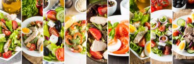 Taze salata kolaj fotoğrafı. Sağlıklı gıda kavramı. Diyet yemekleri. Yunan, Sezar, karides, caprese salatası.
