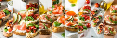 Bruschetta, antipasti, atıştırmalık, tapas kolajı. Afiş.