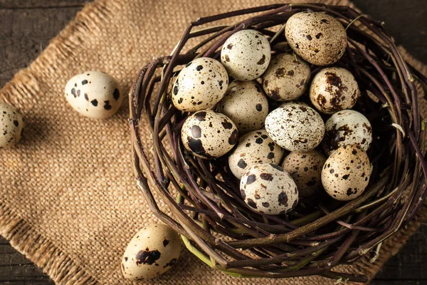 Quail Eggs Nest Rustic Wooden Background Healthy Food Concept — Stock Photo, Image