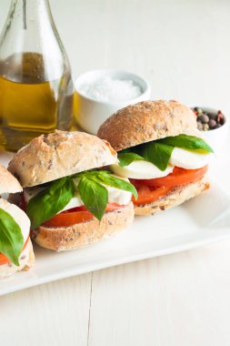 Yakın çekim fotoğraf sandviç, hamburger caprese salatası olgun domates, fesleğen, buffalo mozzarella peyniri ile. İtalyan ve Akdeniz gıda kavramı. Taze ve sağlıklı organik yemek. Starter ve antipasti. 