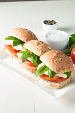 Yakın çekim fotoğraf sandviç, hamburger caprese salatası olgun domates, fesleğen, buffalo mozzarella peyniri ile. İtalyan ve Akdeniz gıda kavramı. Taze ve sağlıklı organik yemek. Starter ve antipasti. 