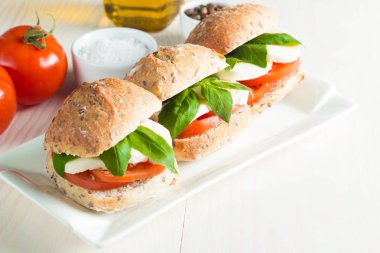 Yakın çekim fotoğraf sandviç, hamburger caprese salatası olgun domates, fesleğen, buffalo mozzarella peyniri ile. İtalyan ve Akdeniz gıda kavramı. Taze ve sağlıklı organik yemek. Starter ve antipasti. 