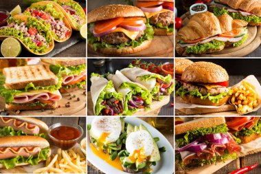Çeşitli fast food ürünlerinin fotoğraf kolaj