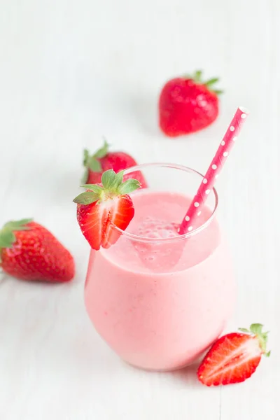 Glass Fresh Strawberry Smoothie Wooden Background Summer Drink Shake Milkshake — Stock Photo, Image