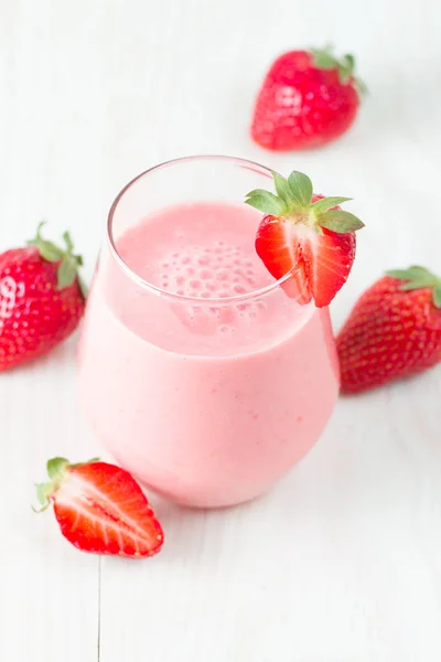 Glass Fresh Strawberry Smoothie Wooden Background Summer Drink Shake Milkshake — Stock Photo, Image