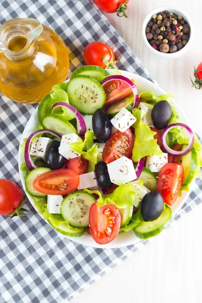 Salade Grecque Fraîche Base Tomates Cerises Ruccola Roquette Feta Olives — Photo