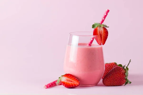 Glass Fresh Strawberry Smoothie Wooden Background Summer Drink Shake Milkshake — Stock Photo, Image