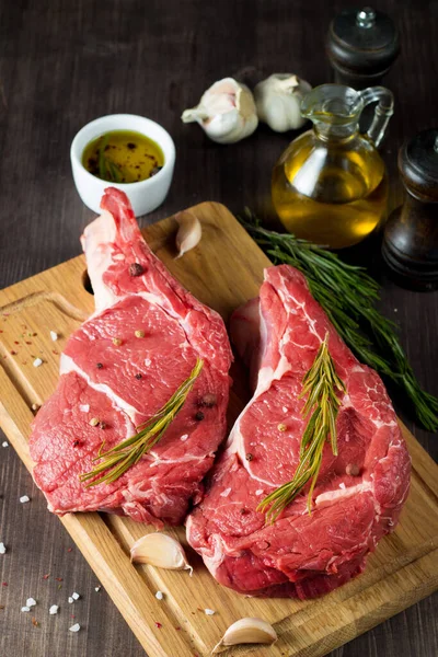 Raw Fresh Meat Beef Pork Steak Ribeye Rosemary Pepper Salt — Stock Photo, Image