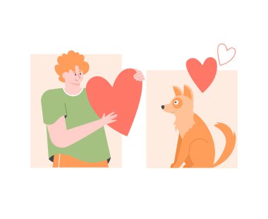 Kalbi ve tüylü sevimli bir köpeği olan bir erkek karakter..