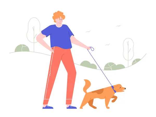Un homme se promène avec un chien dans la forêt ou le parc . — Image vectorielle