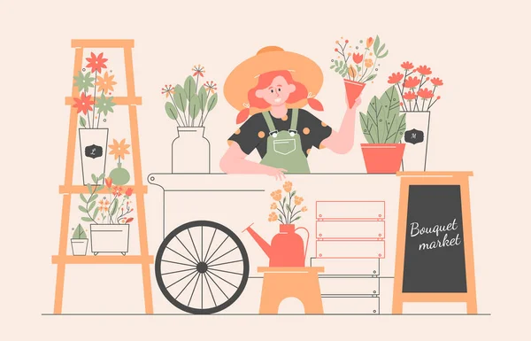 Słodka dziewczyna kwiaciarnia w kapeluszu. Rynek rolny. — Wektor stockowy