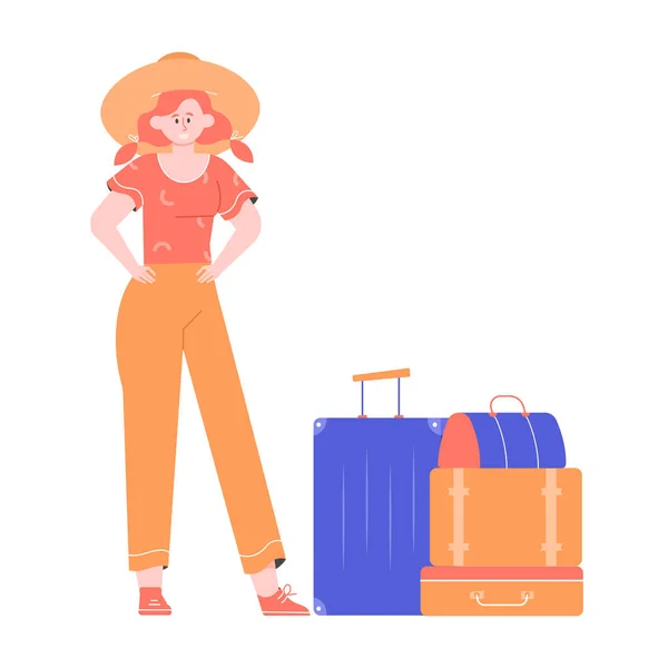 Linda chica viajero en un sombrero y bolsas de viaje y maletas . — Vector de stock