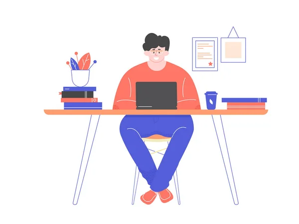 Homme indépendant dans des lunettes au bureau avec ordinateur portable . — Image vectorielle