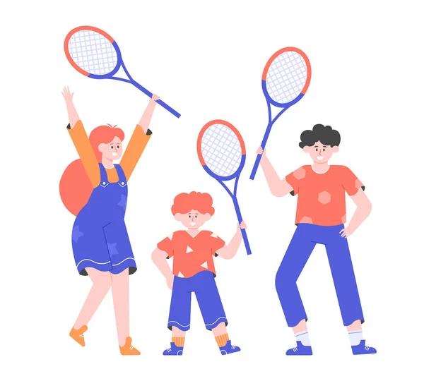 Grupo de crianças com raquetes de tênis —  Vetores de Stock